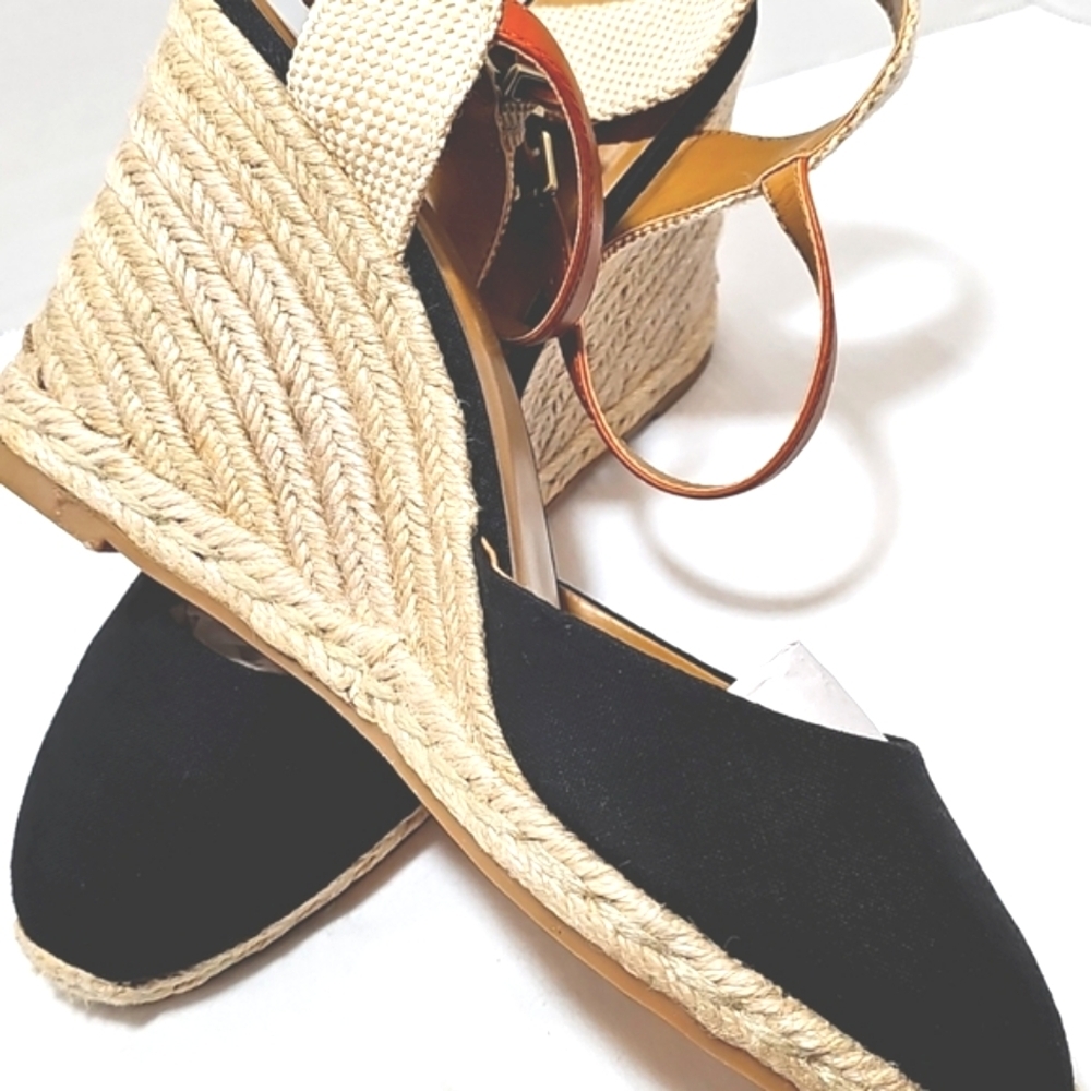 G.H Bass women strappy sandal 10M black tan espadrille wedge shoe canvas leather